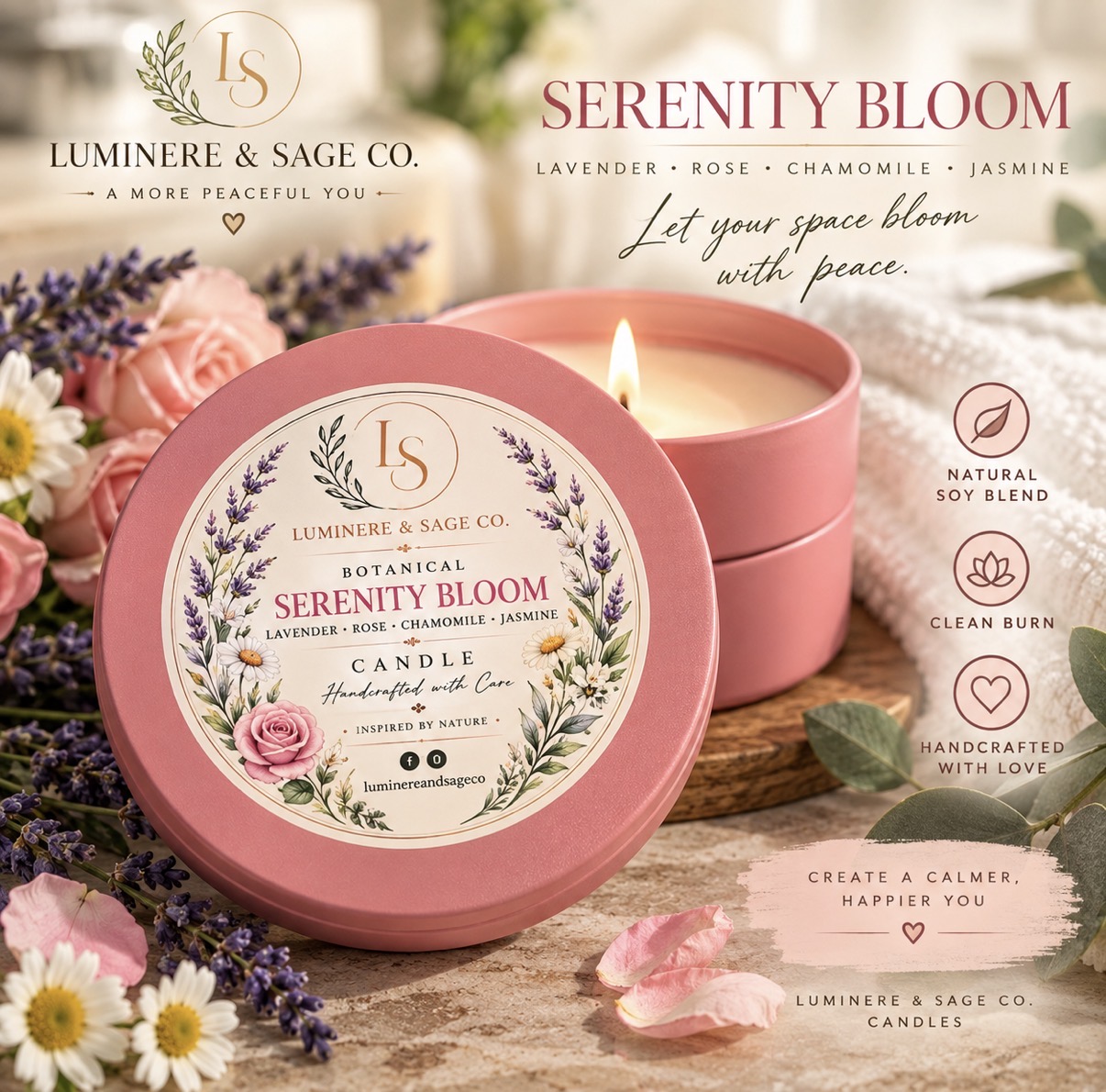 Serenity Bloom pink botanical candle tin surrounded by roses, lavender, and chamomile flowers