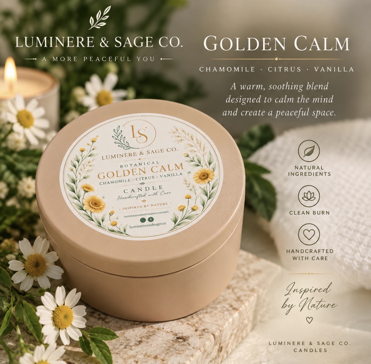 Golden Calm botanical candle tin surrounded by chamomile flowers