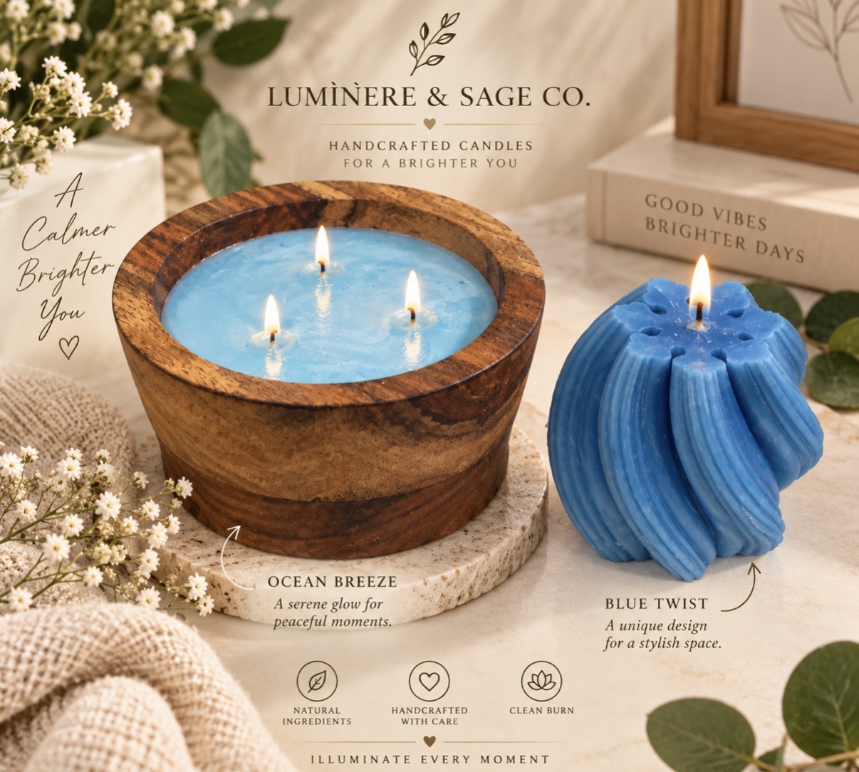 Ocean Breeze blue three-wick candle in a wooden vessel beside the blue sculptural Blue Twist candle