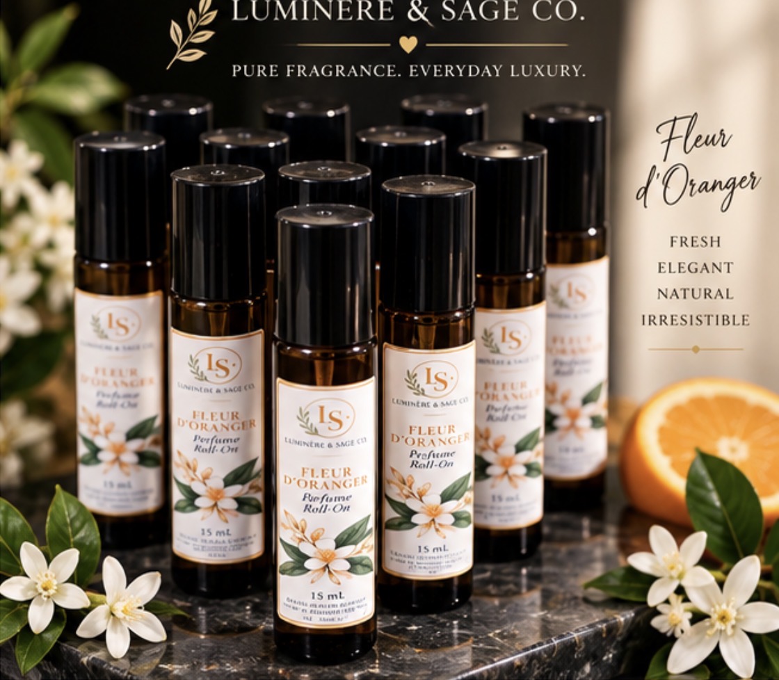 Luminere & Sage Fleur d’Oranger Perfume Roll-On bottles, 15 mL, with orange blossom flowers