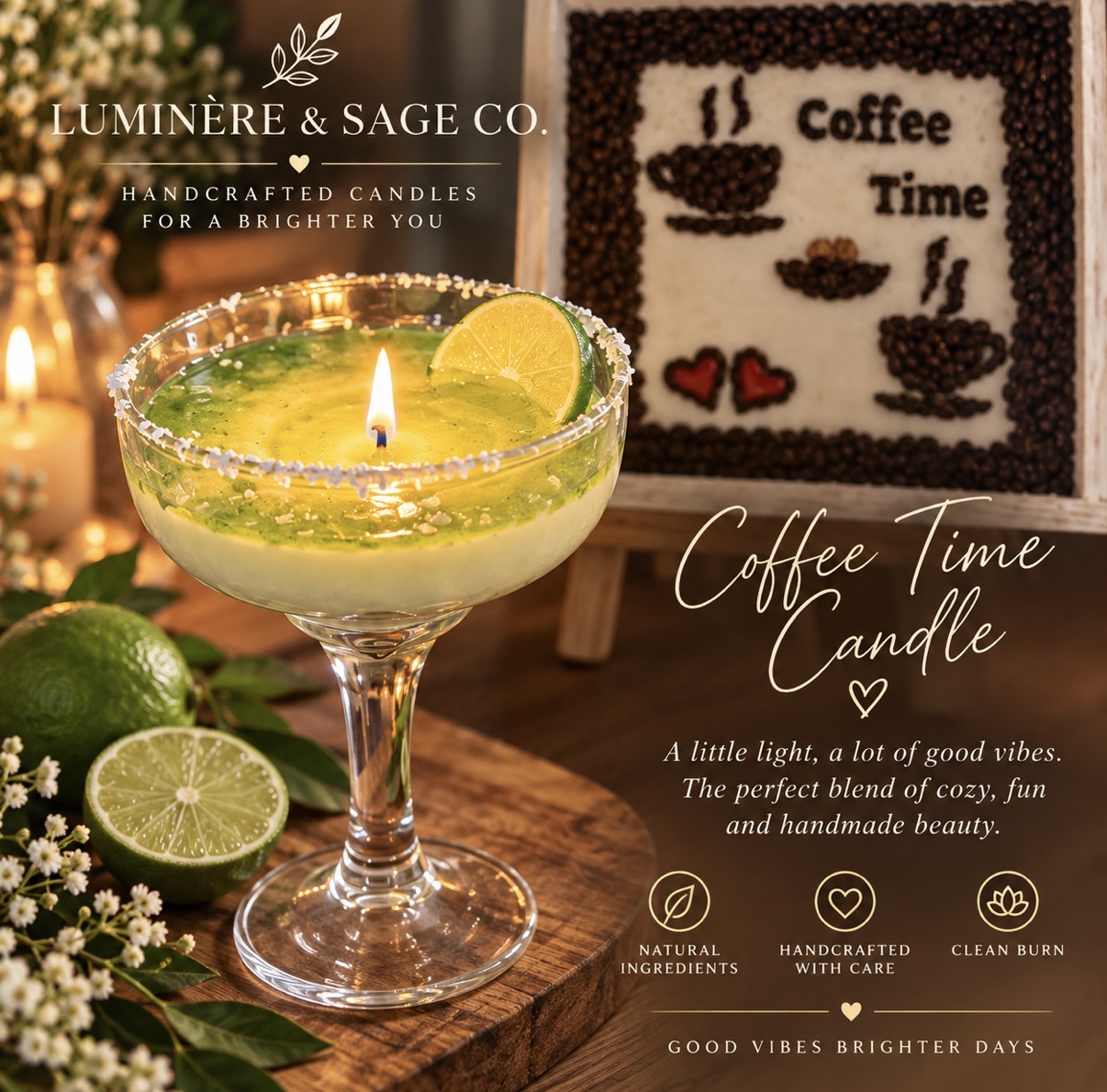 Luminere & Sage Coffee Time Candle in a stemmed glass with green and yellow wax and lime decoration
