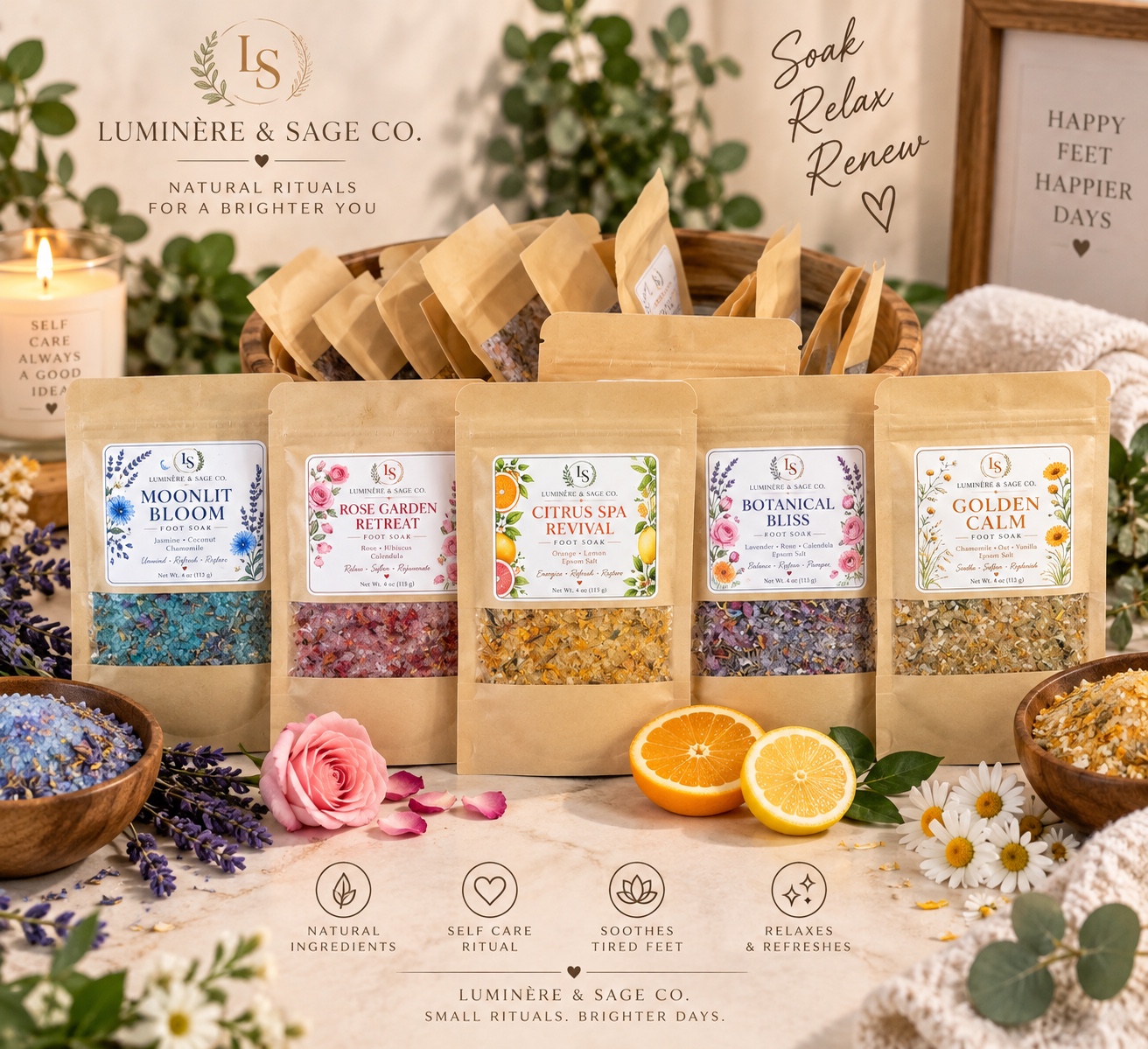 Luminere & Sage foot soak collection artwork featuring five labeled kraft pouches