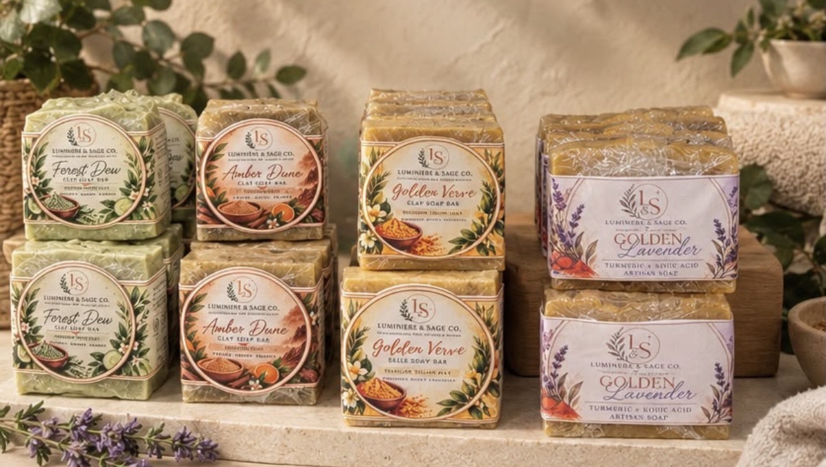 Labeled Luminere & Sage body soaps arranged together in a botanical setting