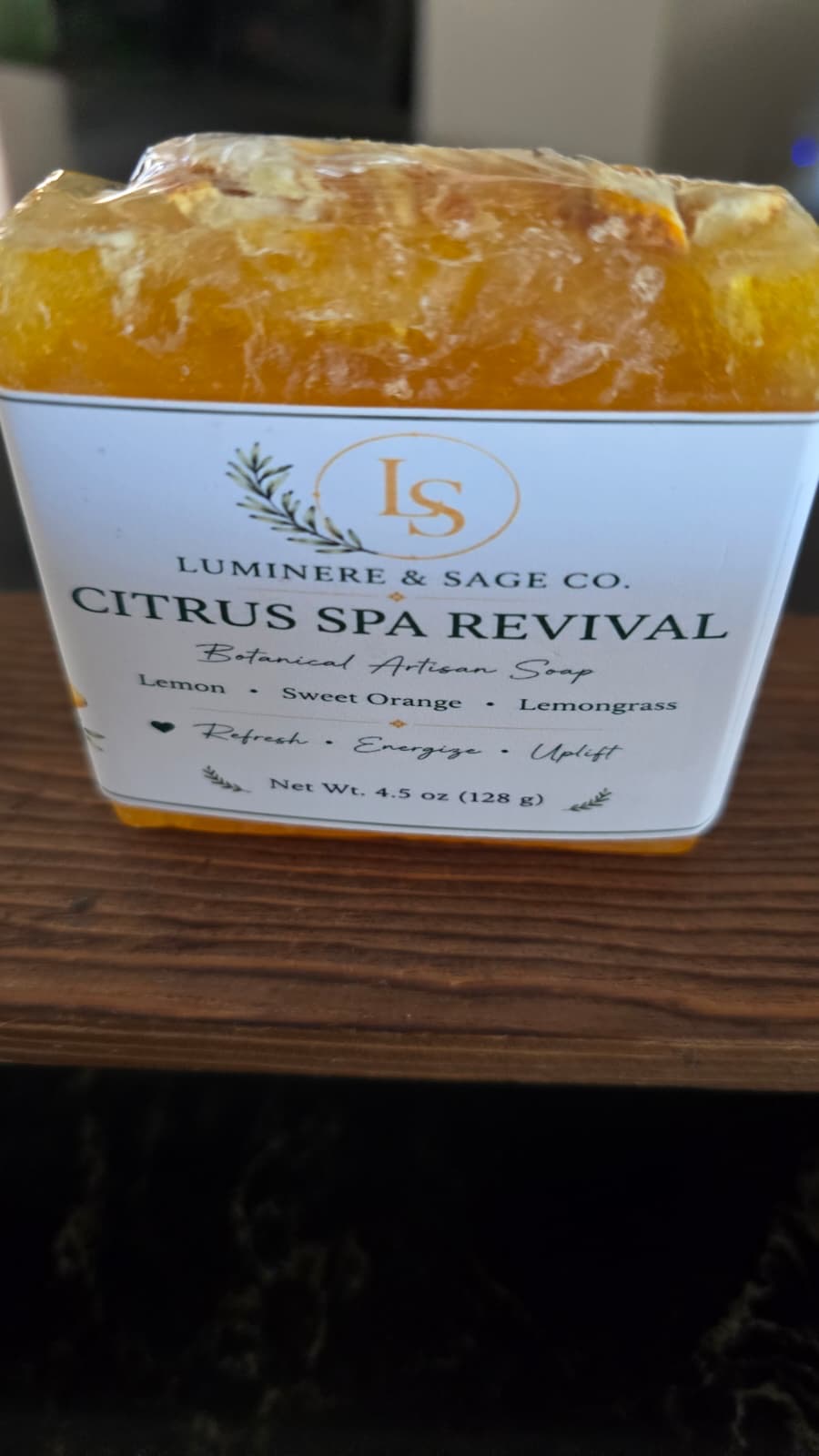 Luminere & Sage Citrus Spa Revival botanical artisan soap bar in its labeled container