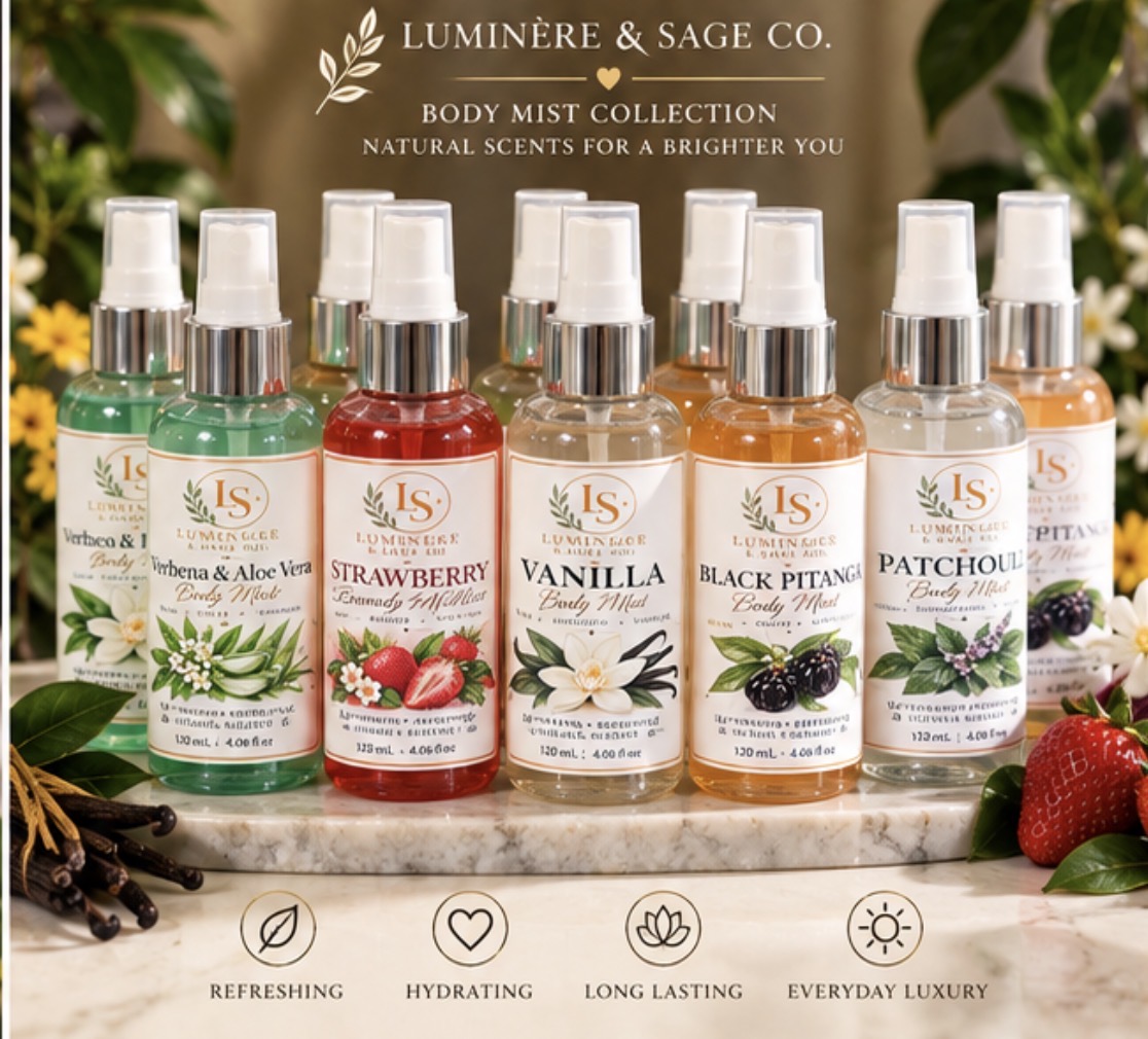 Luminere & Sage body mists in Verbena and Aloe Vera, Strawberry, Vanilla, Black Pitanga, and Patchouli