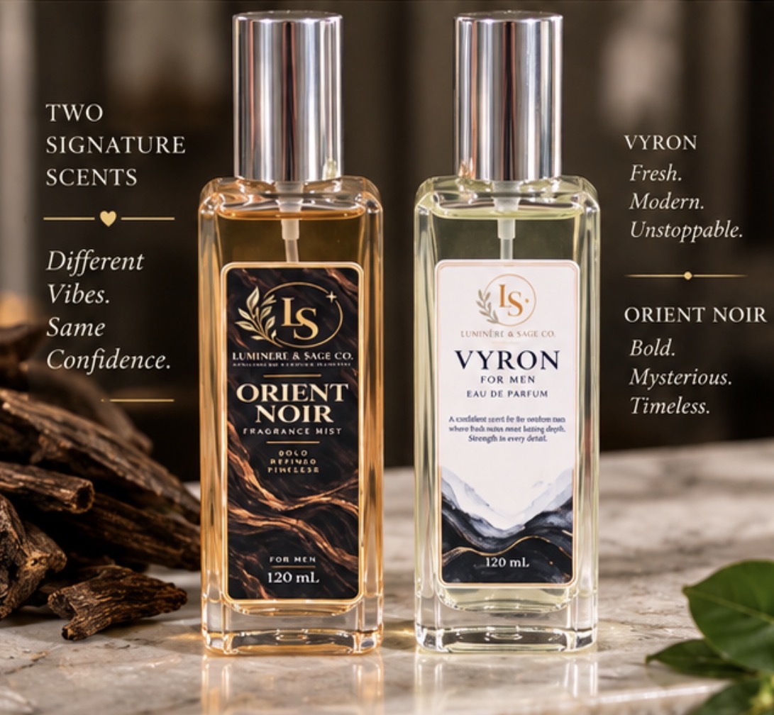 Luminere & Sage Orient Noir Fragrance Mist and Vyron for Men Eau de Parfum bottles, 120 mL