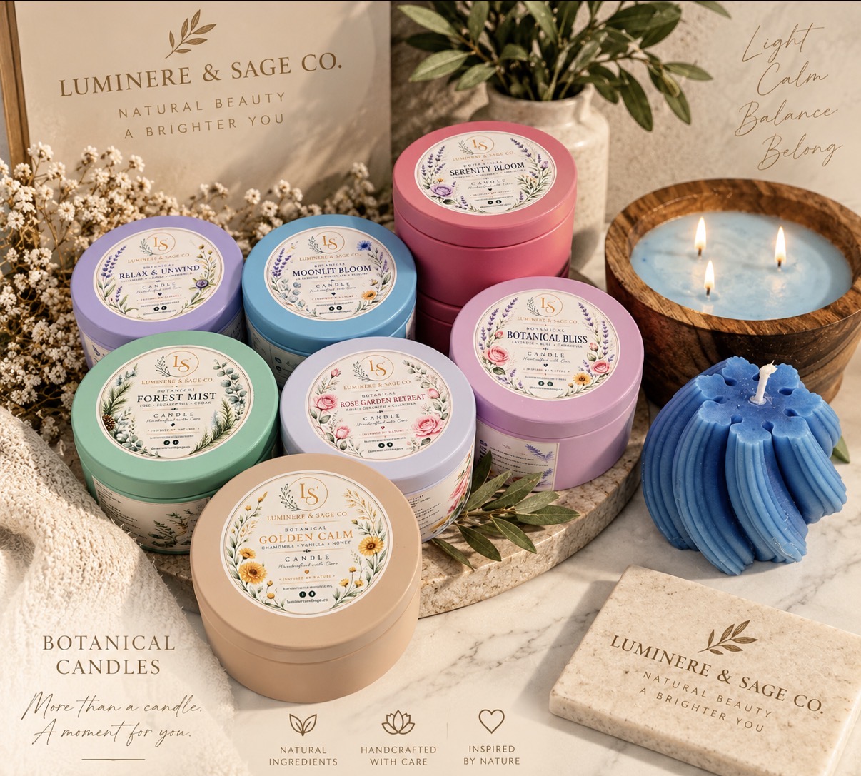 Styled artwork of pastel botanical candle tins with a blue wooden-vessel candle and a blue sculptural candle