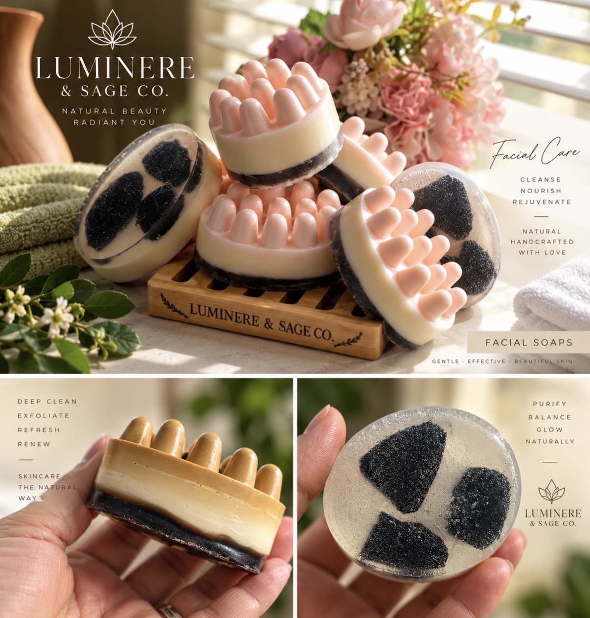 Luminere & Sage Facial Care collection poster showing layered massage-shaped soaps and a clear round soap