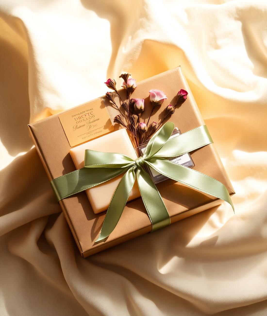 Custom kraft gift box with sage ribbon, soap, candle, and dried roses